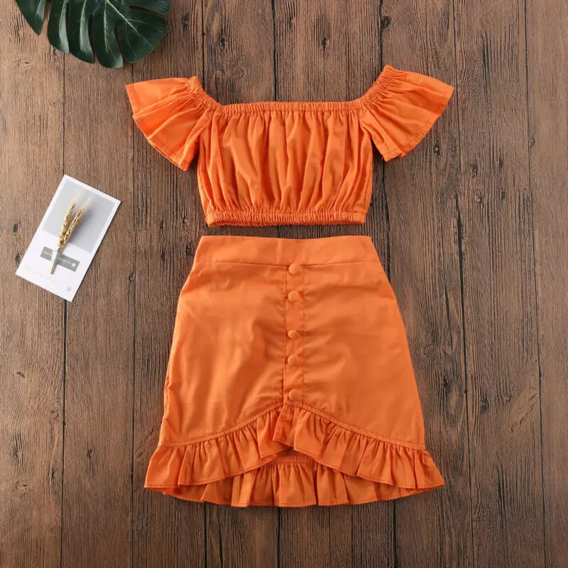 2-6Y Batole, Děti, Dítě, Holky, Oranžové Off Rameno Crop Topy+Sukně 2KS Oblečení Oblečení Sady 2020 Létě 2