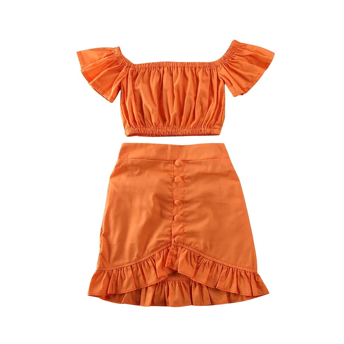 2-6Y Batole, Děti, Dítě, Holky, Oranžové Off Rameno Crop Topy+Sukně 2KS Oblečení Oblečení Sady 2020 Létě 4