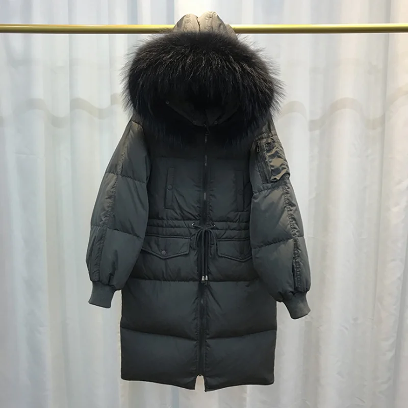 2019 zimní nový styl korejské verze péřová bunda dlouhé styl, velké vlny límec ženy kabát šňůrky módní volné lady oblečení 0