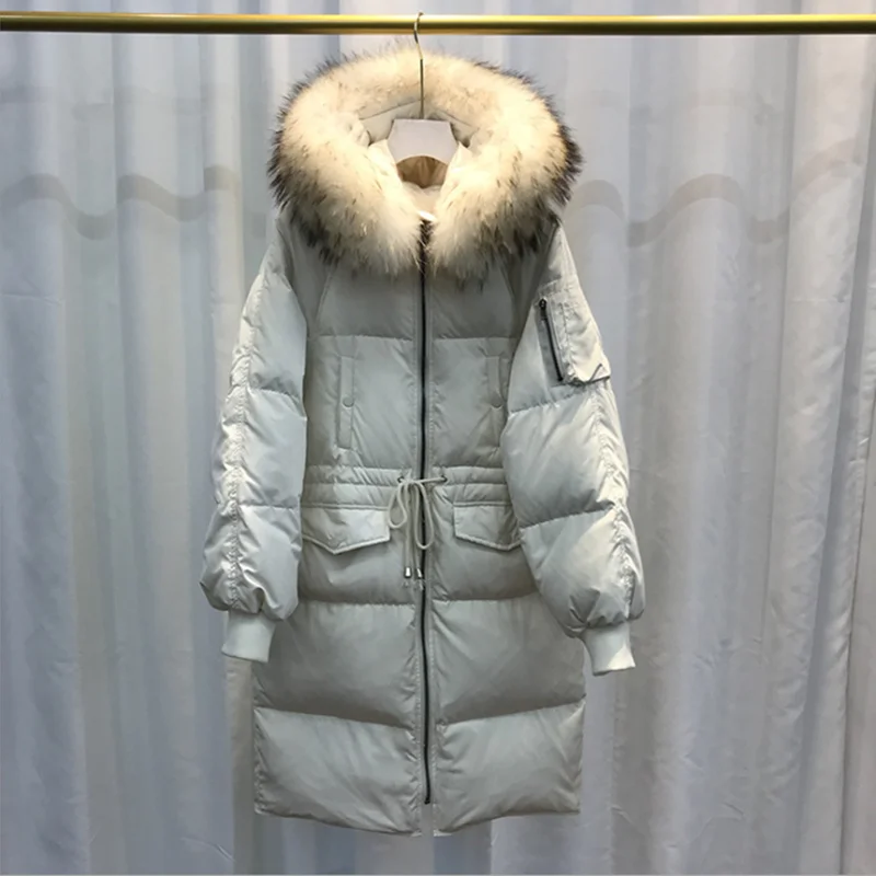 2019 zimní nový styl korejské verze péřová bunda dlouhé styl, velké vlny límec ženy kabát šňůrky módní volné lady oblečení 1
