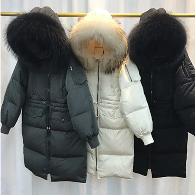2019 zimní nový styl korejské verze péřová bunda dlouhé styl, velké vlny límec ženy kabát šňůrky módní volné lady oblečení 4