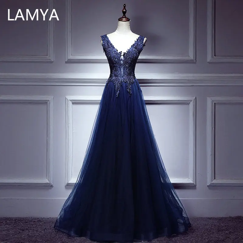 2020 Luxusní Krajka, S Krystal Večerní Šaty LAMYA s hlubokým Výstřihem Formální Šaty Dlouhé-Line Večerní Šaty na Zip vestido de festa 4