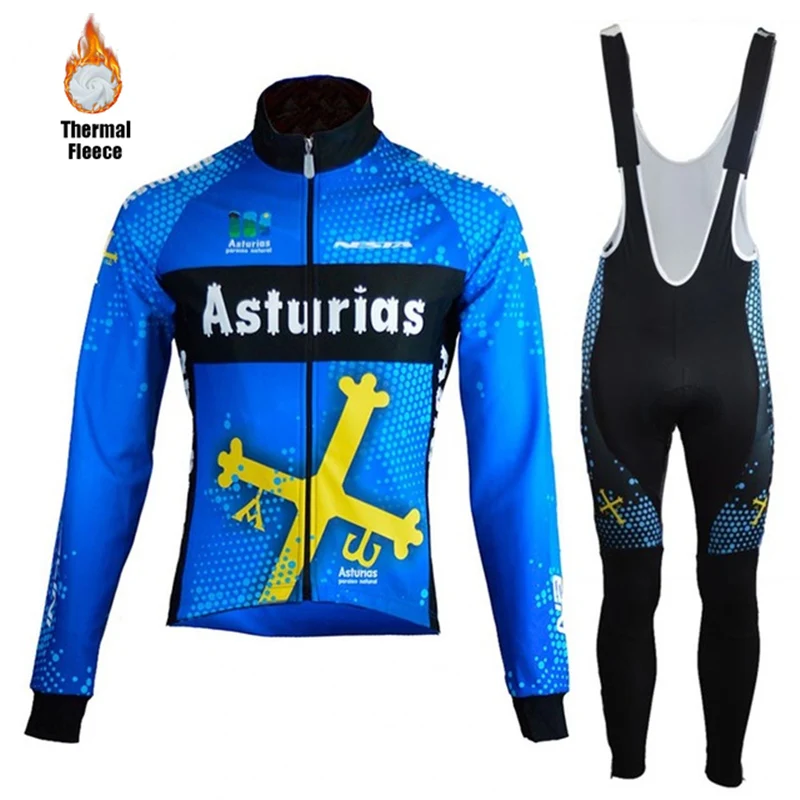 2020 modrá Asturias Cyklistická Bunda Oblek Mužů Zimní Teplé Fleece Cyklistický Dres Ciclyng Bib Set Trajes campera chaqueta ciclismo 4