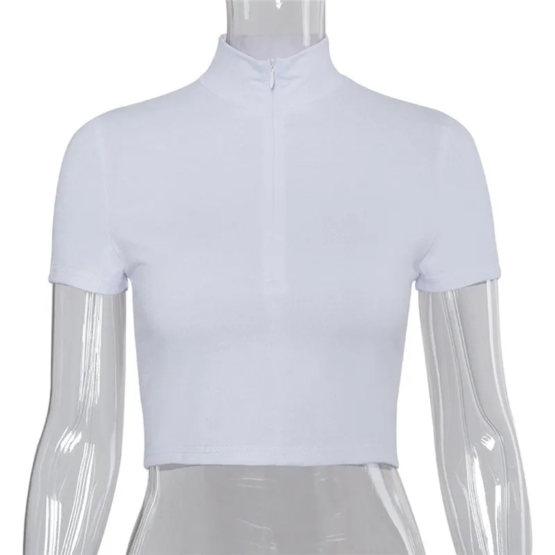 2020 Módní Ženy Krátký Rukáv Oříznout Horní T košile Límec na Zip Sexy Ležérní Bílé Krátké Tričko Letní Topy Tee 0