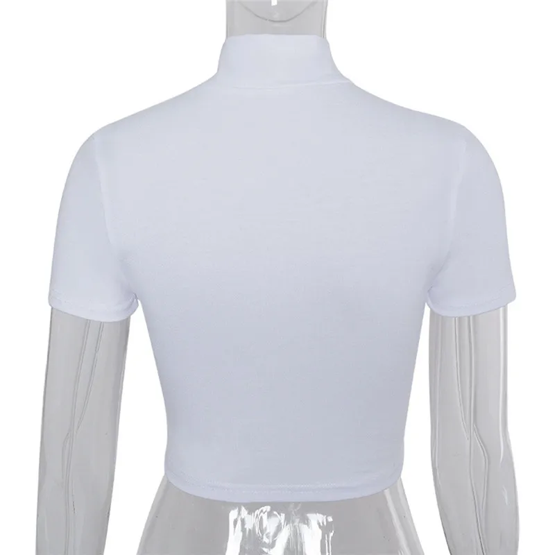 2020 Módní Ženy Krátký Rukáv Oříznout Horní T košile Límec na Zip Sexy Ležérní Bílé Krátké Tričko Letní Topy Tee 3