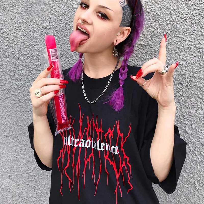 2020 Summer Grunge Punk Gothic trička Volné Streetwear Harajuku Dopis Vytisknout Módní Ženské Tričko Ležérní Estetické 3