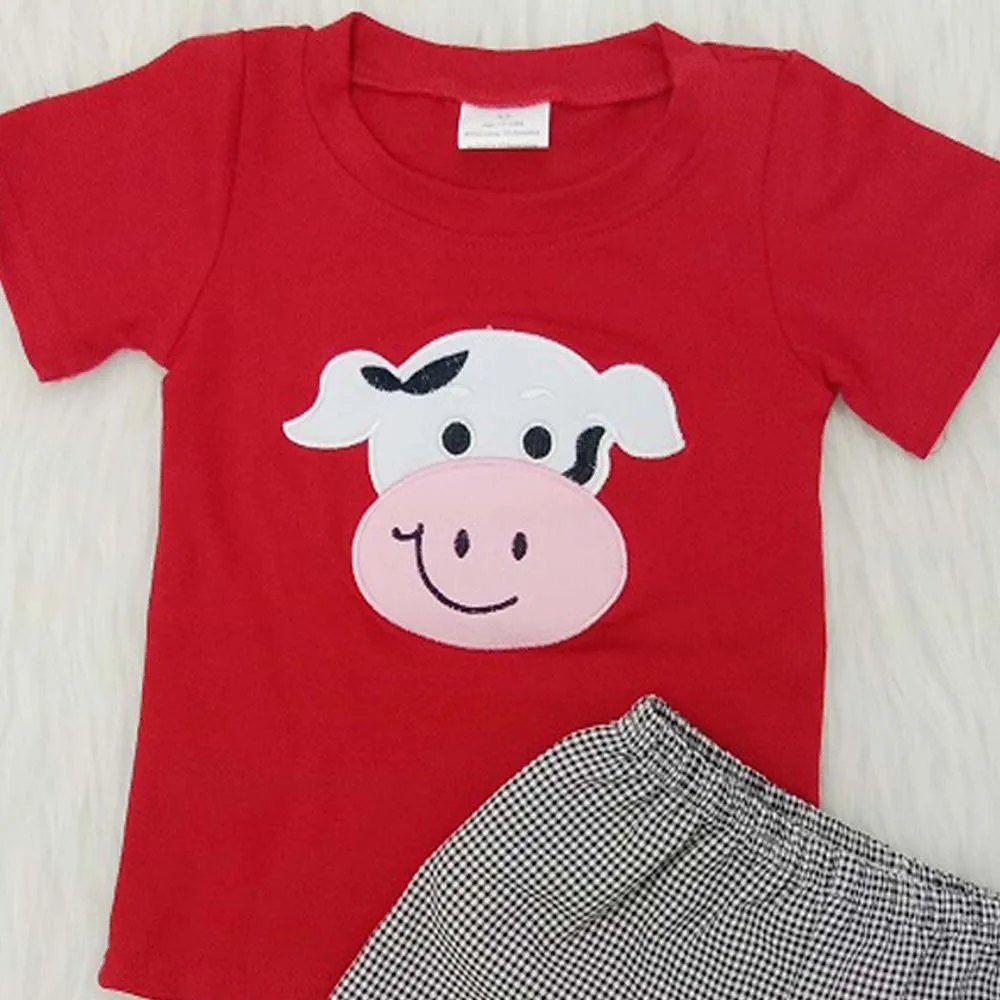 2021 Dítě Chlapci Nosí Kráva Výšivka Bavlna Košile Seersucker Shorts Oblečení Sady Batole SummerFarm Zvířat Oblečení 3
