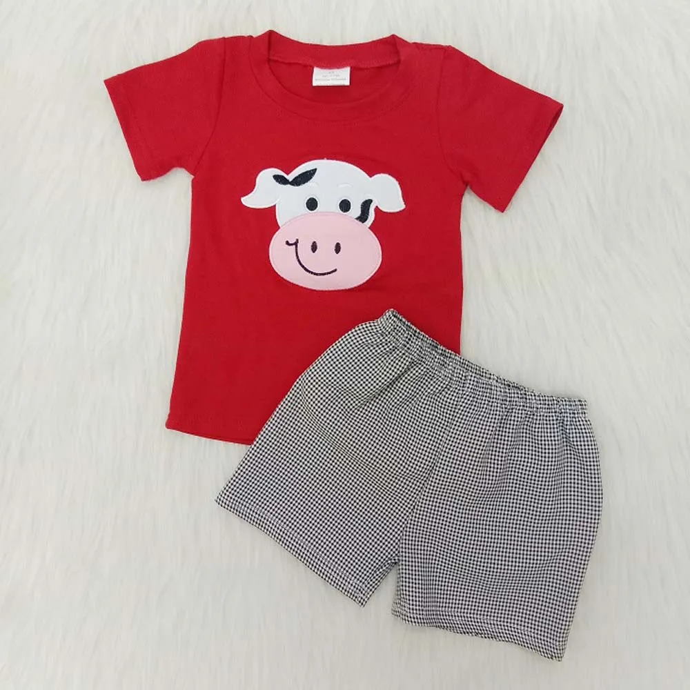 2021 Dítě Chlapci Nosí Kráva Výšivka Bavlna Košile Seersucker Shorts Oblečení Sady Batole SummerFarm Zvířat Oblečení 4