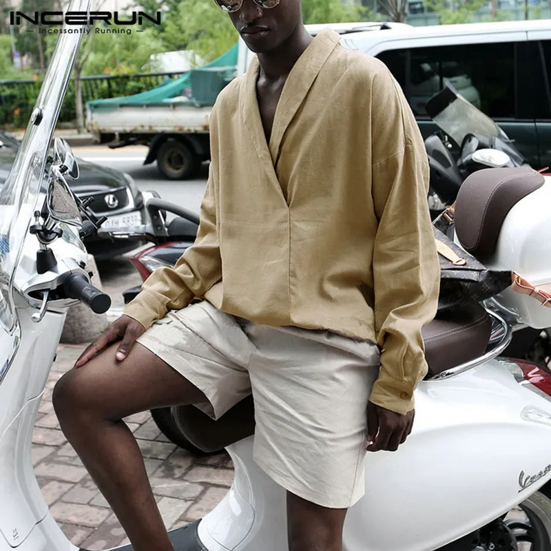 2021 Muži Ležérní Tričko Vintage jednobarevné Bavlněné Zase Dolů Límec Volné Topy Dlouhý Rukáv Streetwear Camisa Masculina INCERUN 7 3