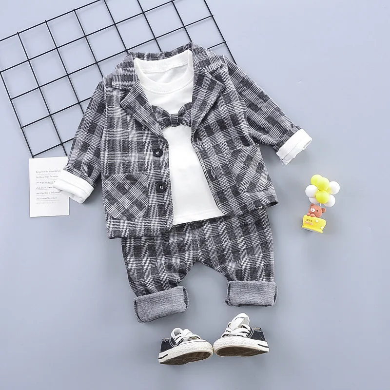 2021 Nové Děti Oblek Three Piece Suit Baby Boys Oblečení Kostkované Hezký Set Podzim Zima Děti Nosit Elegantní Sady 1-4 Rok 2