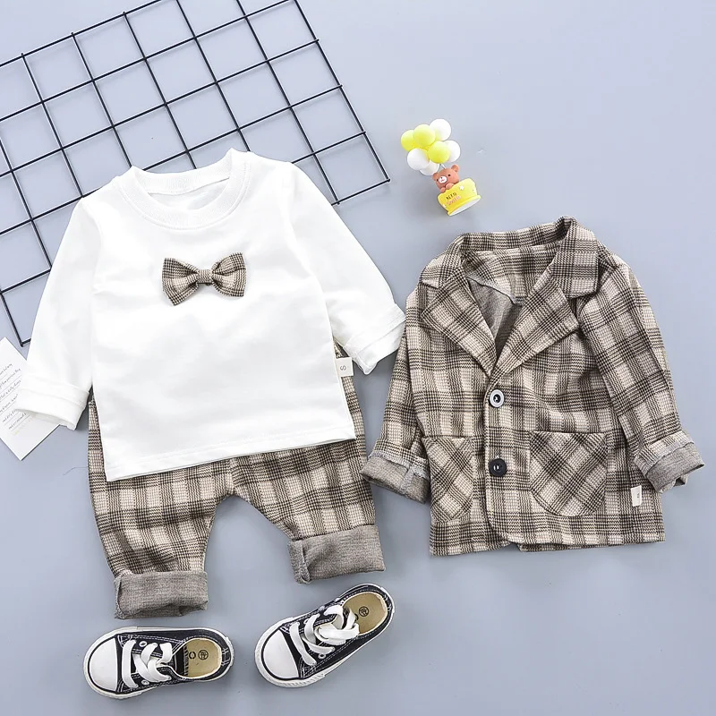 2021 Nové Děti Oblek Three Piece Suit Baby Boys Oblečení Kostkované Hezký Set Podzim Zima Děti Nosit Elegantní Sady 1-4 Rok 4