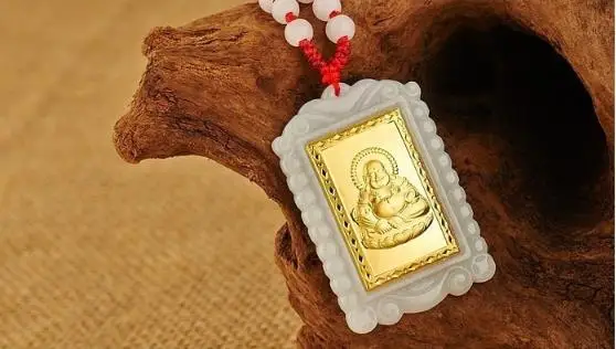 24K zlatem vykládané s jade, zlata a jadeitu, Guanyin, laughing Buddha pendantH30# 2