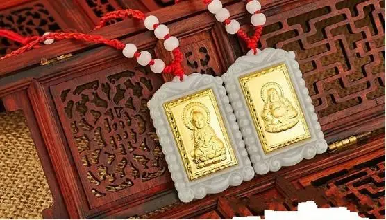 24K zlatem vykládané s jade, zlata a jadeitu, Guanyin, laughing Buddha pendantH30# 3