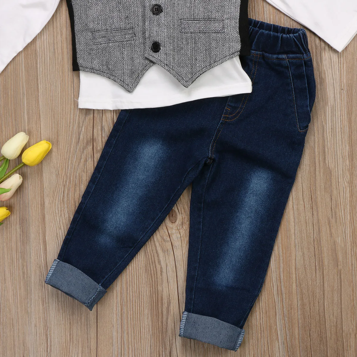 3ks Gentleman Dětské Oblečení set Batole Dítě Chlapci Formální Oblek Vesta Denim Kalhoty Oblek Oblečení Set 3