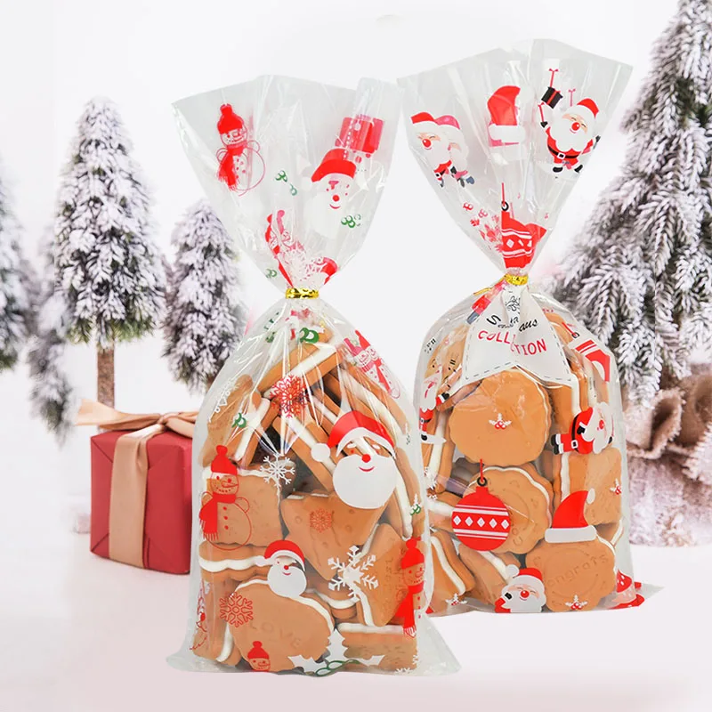 50ks Santa Claus Vánoční Strom Elk PVC Sáčky Transparentní Jasné, Dárková Taška pro Vánoční dárky a Pečení Cukroví, Cookie Balení, Pytle 1