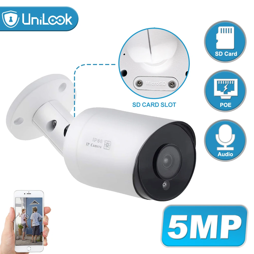 5MP Kulka POE IP Kamera Vestavěný Mikrofon SD Slot pro Kartu CCTV Bezpečnostní CCTV Kamery IP66, Noční Vidění H. 265 ONVIF P2P 3