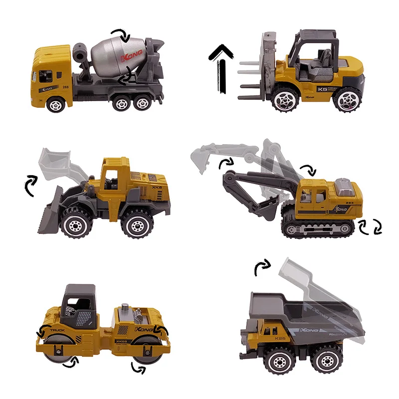 6 Ks Slitiny Mini Inženýrství Auto Model 6In1 1:64 Kovové Diecast Inženýrství Hračky, Vozidla, Auta, Hračky sklápěč Vysokozdvižný vozík Bagr 3