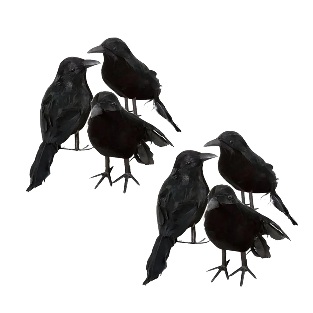 6ks Skutečný Dotek Černé Pernaté Malé Vrány Ptáci, Havrani Pro Halloween Decor 2
