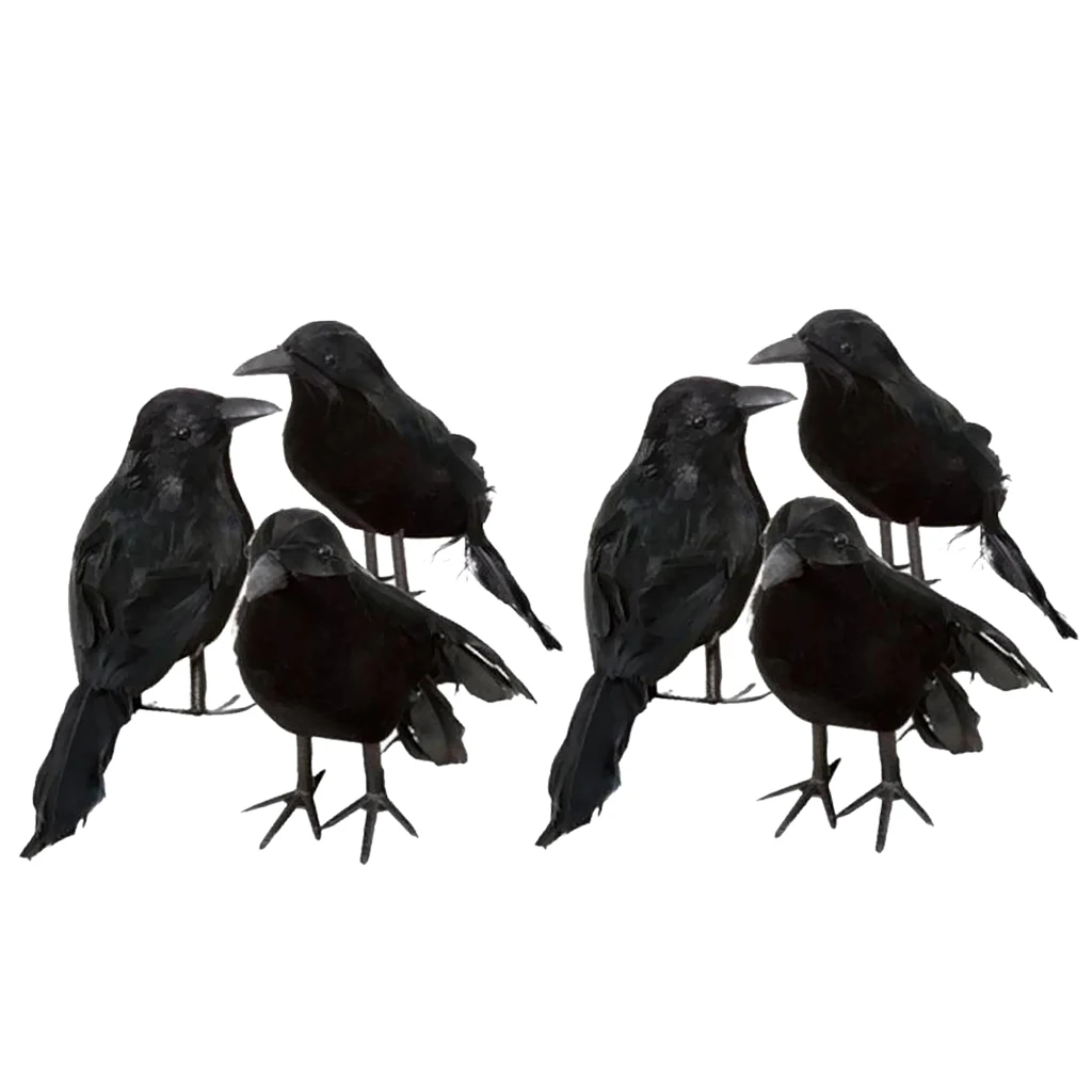 6ks Skutečný Dotek Černé Pernaté Malé Vrány Ptáci, Havrani Pro Halloween Decor 4