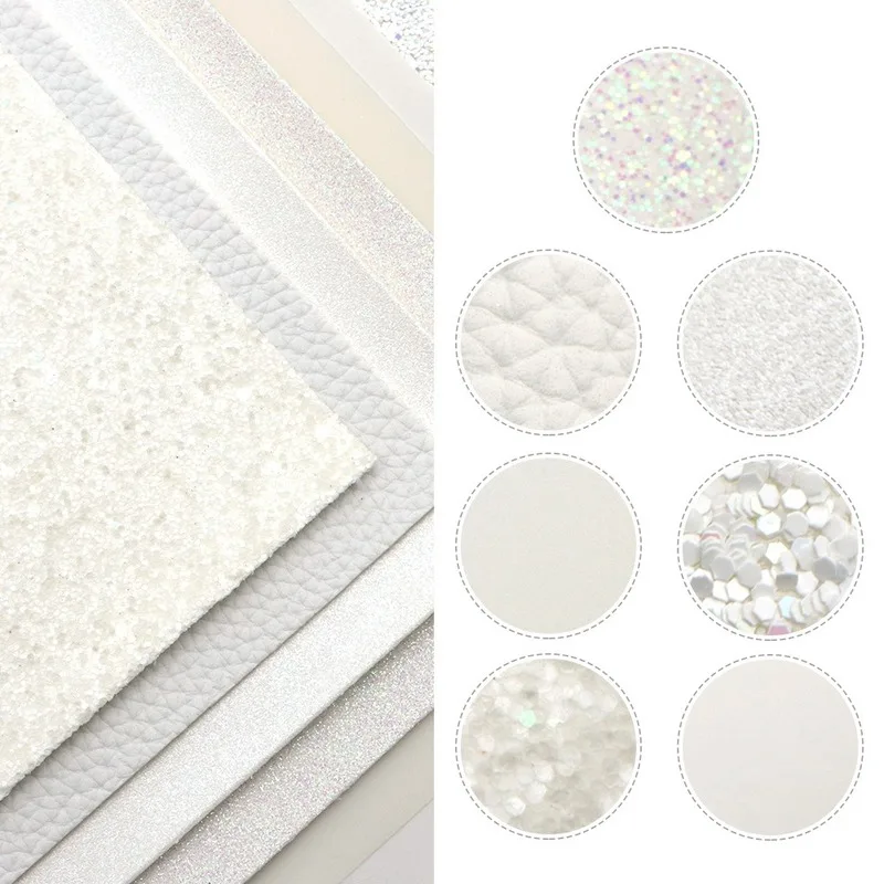 7 Kusů/set Bílé Chunky Glitter Fabric Multi Syntetické Kůže Umělé Tkaniny Listů pro Luk Tašky Šití Holografické Tkaniny 2