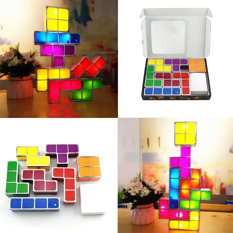 7Colors DIY Tetris Puzzle Lehké Stohovatelné LED Stolní Lampa Constructible Blok Noční Světlo Retro Hry Tower Baby Barevné Cihly Hračky 1