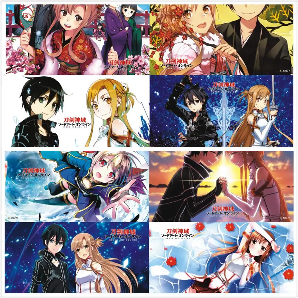 8 ks/set Anime Sword Art Online Reliéfní plakát SAO Postava Kirito Asuna nálepka na dárky 0