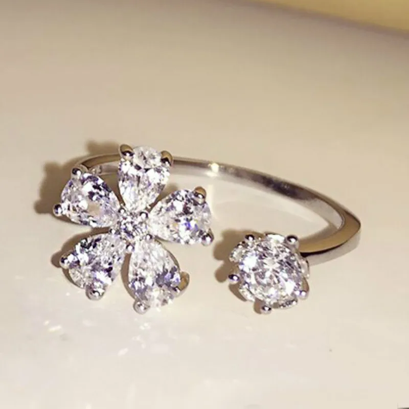 925 Sterling Silver Zirkony Květina Otevřené Kroužky Pro Ženy Luxusní Módní Lady Šperky, Svatební Doplňky Předsádce 2