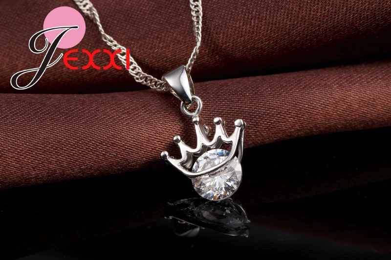 925 Sterling Silver Zářící Crystal Crown Náhrdelník Náušnice pro Ženy Nevěsta Svatební Šperky Sady 1