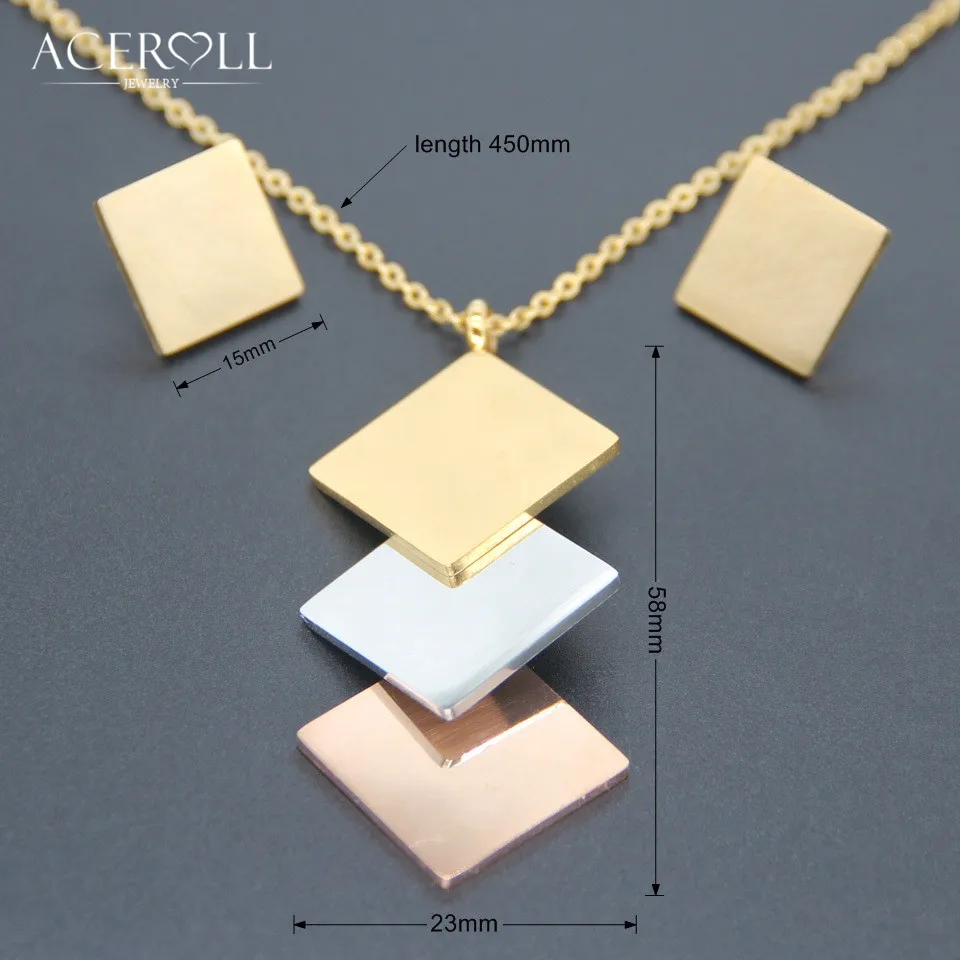 ACEROLL Tři Barvy Šperky Set z Nerezové Oceli Módní Módní Rose Gold Triple 3 Kosočtverečné Náušnice a Přívěsek Náhrdelník 1