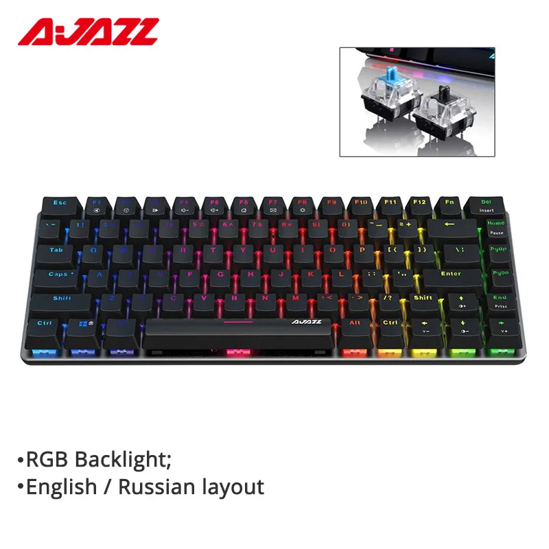 Ajazz AK33 82-key herní Klávesnice, Drátová, Mechanická klávesnice, ruská / angličtina rozložení modré/černé spínač RGB podsvícený windows 10 2