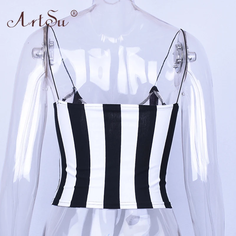 ArtSu Výšivky Dopis Black Bílé Pruhované Crop Top Cami U Krku Sexy Ženy Letní Košilka Tank Top Streetwear Módy 0