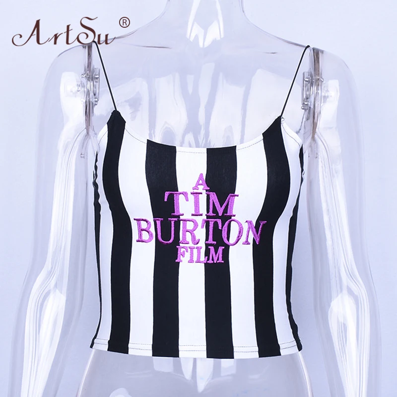 ArtSu Výšivky Dopis Black Bílé Pruhované Crop Top Cami U Krku Sexy Ženy Letní Košilka Tank Top Streetwear Módy 2
