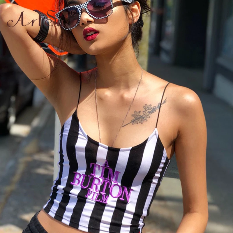 ArtSu Výšivky Dopis Black Bílé Pruhované Crop Top Cami U Krku Sexy Ženy Letní Košilka Tank Top Streetwear Módy 5
