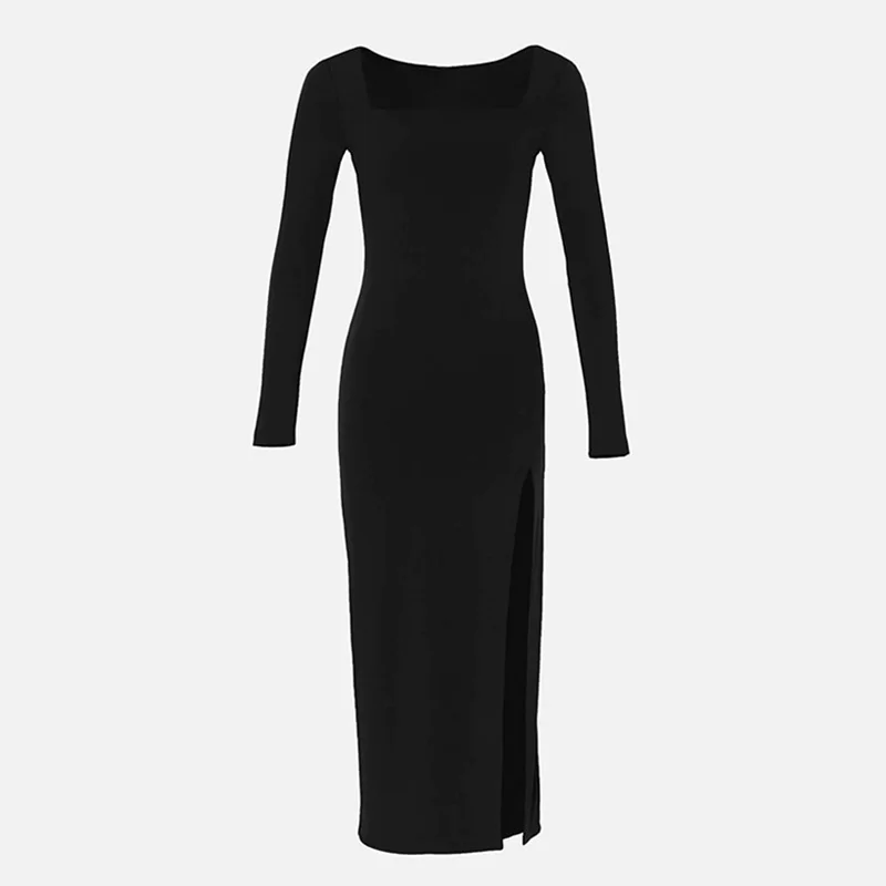 Beyouare Podzimní Elegantní Ležérní Ženy Šaty Náměstí Límec Dlouhý Rukáv Slim Skinny Mid-Tele Šaty 2020 Solidní Módní Ženy Šaty 4
