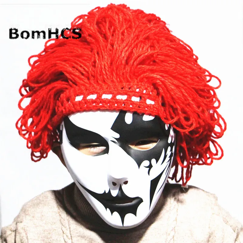 BomHCS Vtipné Halloween Prop Paruky Čepice + Cool Masku Ručně Pletené Tlusté Zimní Čepice Čepice Dárek 1
