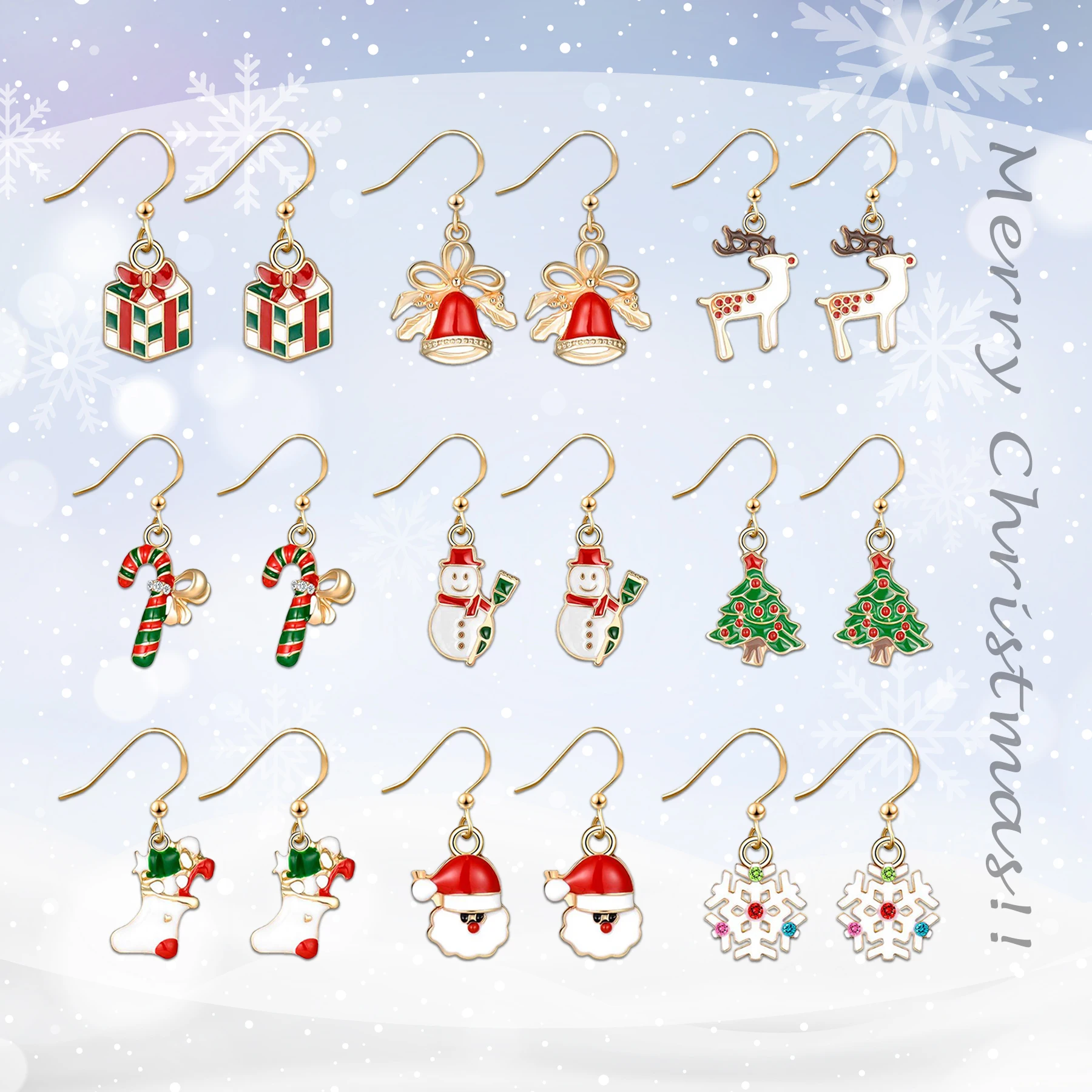 BONISKISS 9 párů Vánoční Náušnice pro Ženy Drop Náušnice Elk Vánoční Strom Kreslený Zvon Santa Claus Náušnice Šperky 4