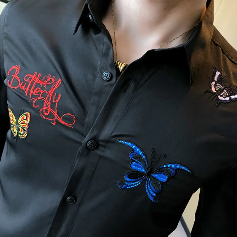 Butterfly Výšivky Ležérní Slim Dlouhý Rukáv Košile Muži Klub Strany Streetwear Smoking, Šaty, Košile Camisa Sociální Masculina 4