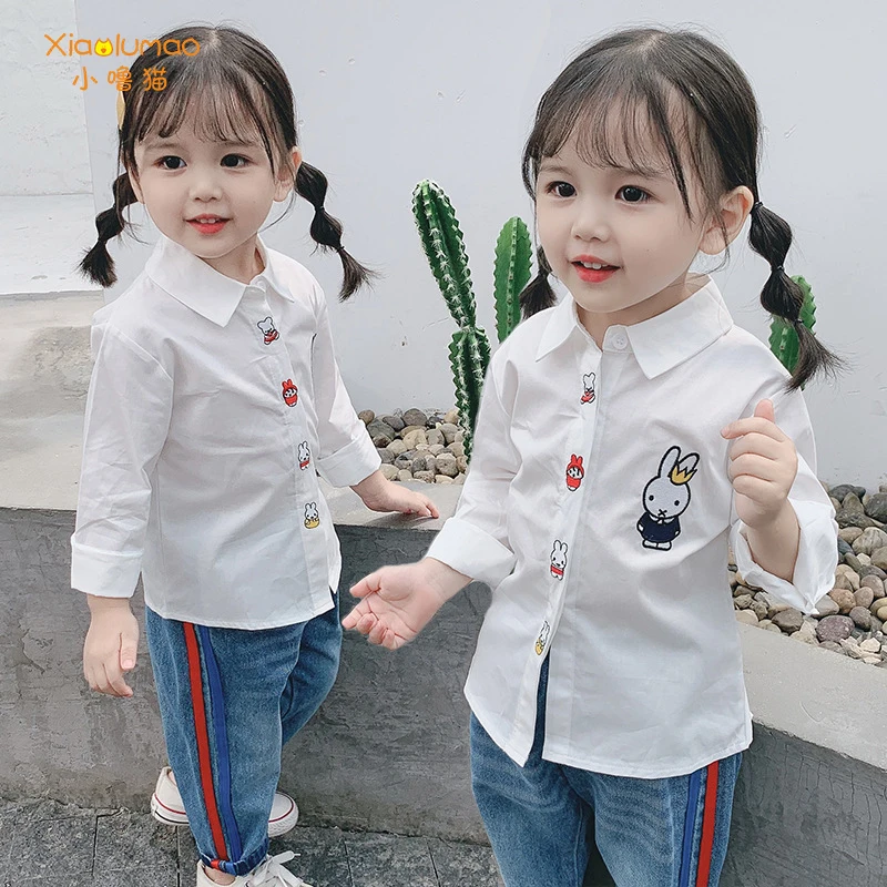 Bílá halenka dívky košile pro dívky králík vzor potištěné topy pro holky, 3-8Y školní uniformu dospívající dívka halenku tiktok oblečení 1