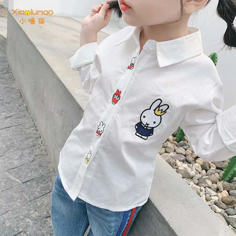 Bílá halenka dívky košile pro dívky králík vzor potištěné topy pro holky, 3-8Y školní uniformu dospívající dívka halenku tiktok oblečení 5