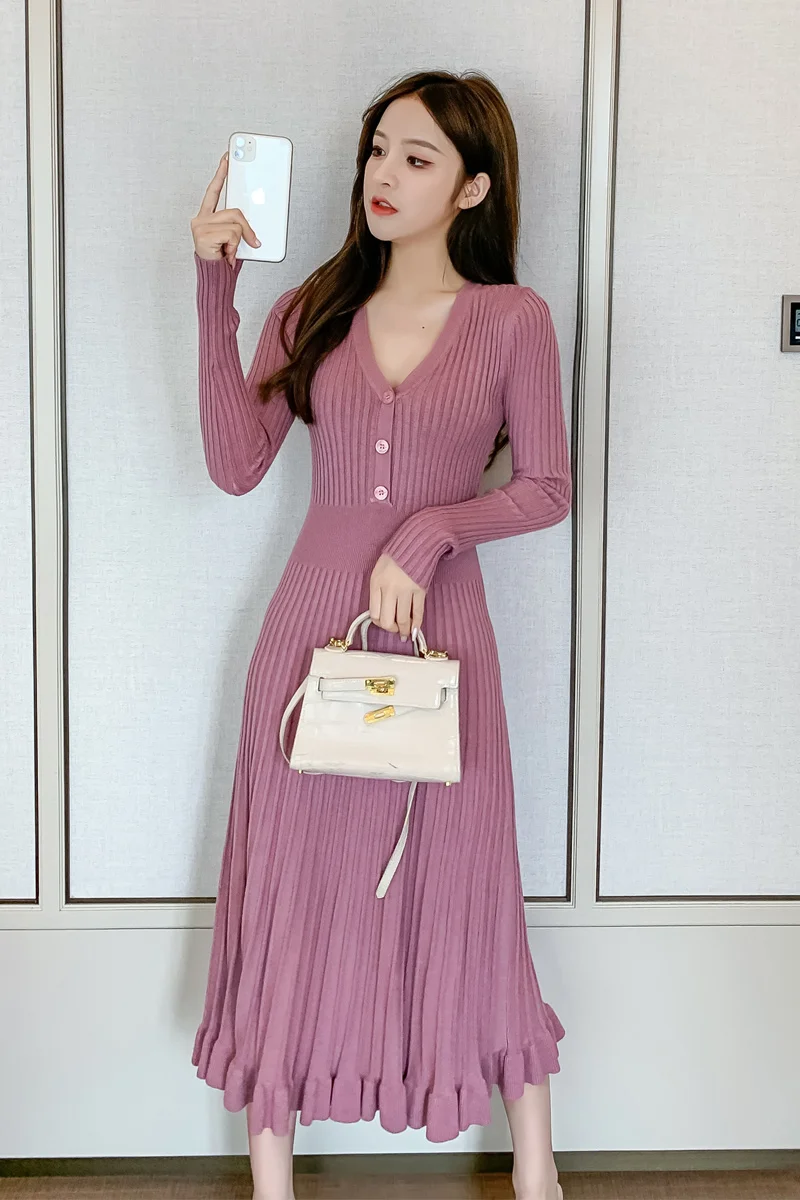 COIGARSAM Ženy Pletení jednodílné šaty korean Nové Vysoké Pasu Šaty Černá Růžová Fialová Meruňková 9302 5