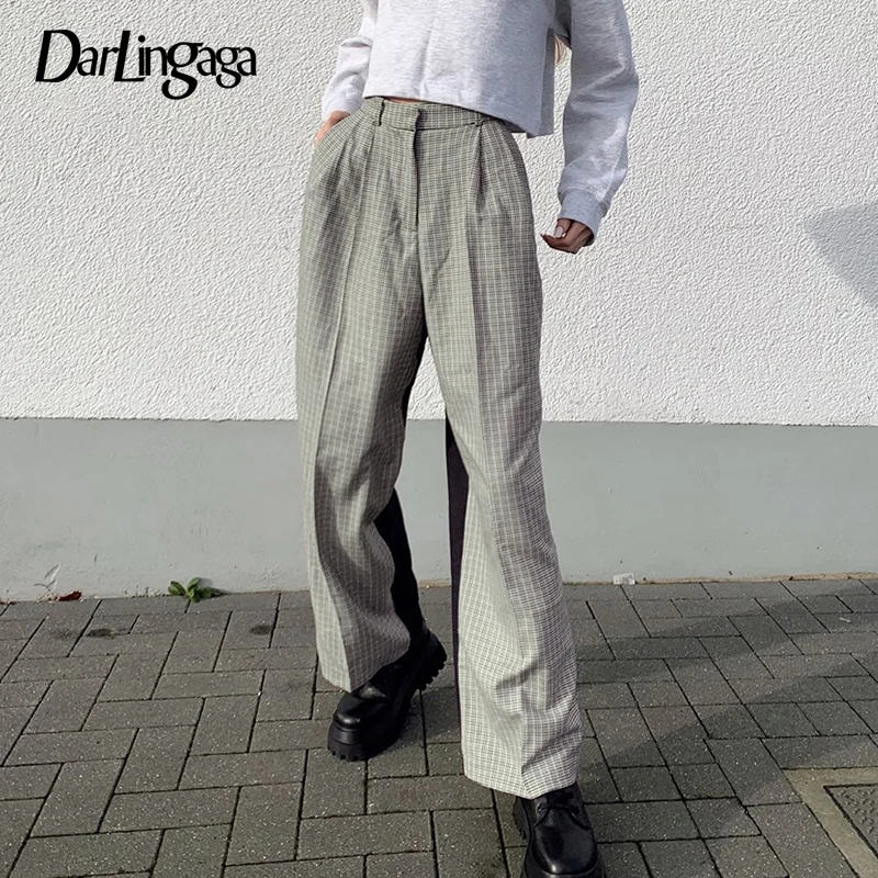 Darlingaga Harajuku Černá Patchwork Kostkované Kalhoty Dámské Vintage Rovné Kalhoty Kontrastní Barevné Kostkované Vysokým Pasem Kalhoty, Spodní 5