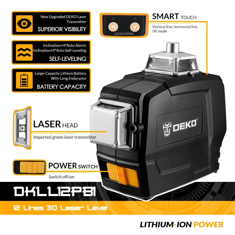 DEKO DKLL12PB1 12 Laserové Linie 360 ° samonivelační 3D Laser Vertikální Horizontální Green Cross Line Krytý Venkovní Režim 2
