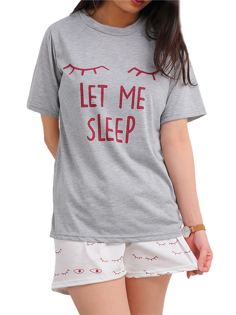 Dopis Tištěné Nech Mě Spát Tisknout 2 Ks Noční Prádlo Set Pro Ženy, Roztomilé Bavlna, Kolem Krku Krátký Rukáv T-Shirt+Pyjama Kalhoty 1