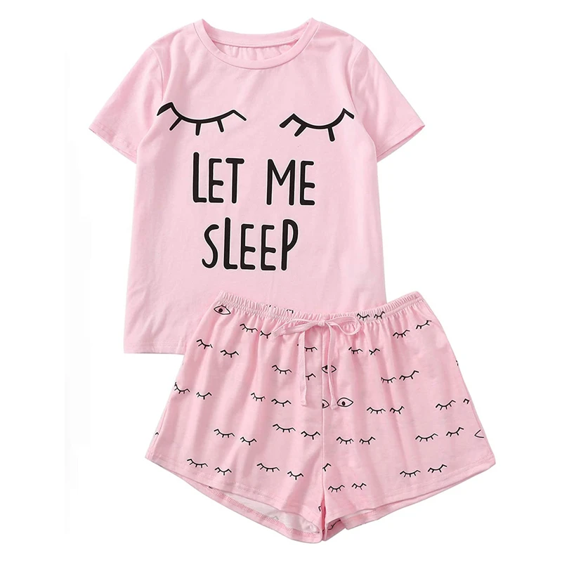 Dopis Tištěné Nech Mě Spát Tisknout 2 Ks Noční Prádlo Set Pro Ženy, Roztomilé Bavlna, Kolem Krku Krátký Rukáv T-Shirt+Pyjama Kalhoty 3