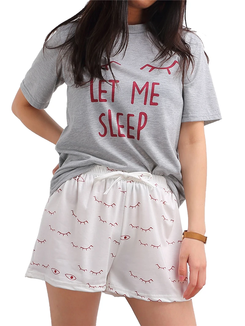 Dopis Tištěné Nech Mě Spát Tisknout 2 Ks Noční Prádlo Set Pro Ženy, Roztomilé Bavlna, Kolem Krku Krátký Rukáv T-Shirt+Pyjama Kalhoty 5