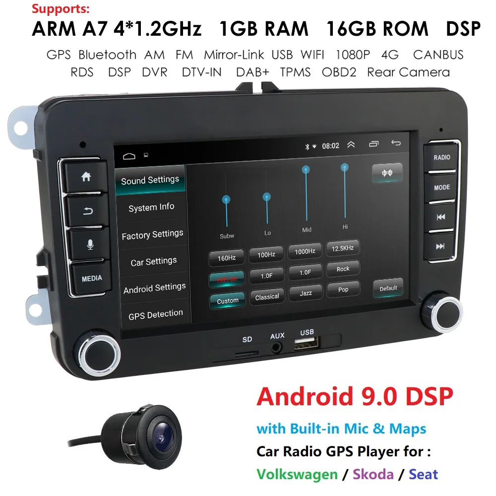 DSP 2din Auto Multimédií pro VW Polo Golf Jetta Passat B6 CC Tiguan Android 9.0 4G GPS Bluetooth, Rádio, USB, AM, FM 7