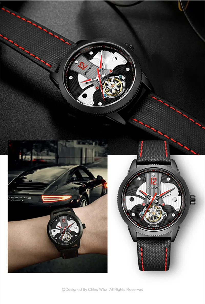 Duté tourbillon automatické mechanické pánské hodinky z pravé kůže popruh vodotěsný slitiny případ 3D dial Přesné muži hodiny wilon2086 0