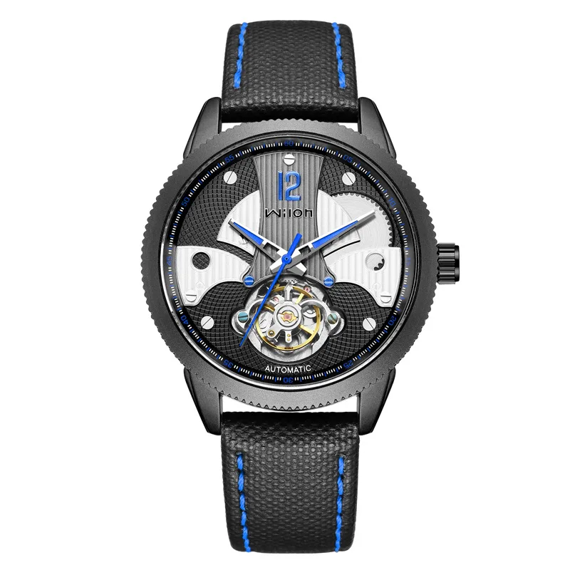 Duté tourbillon automatické mechanické pánské hodinky z pravé kůže popruh vodotěsný slitiny případ 3D dial Přesné muži hodiny wilon2086 4