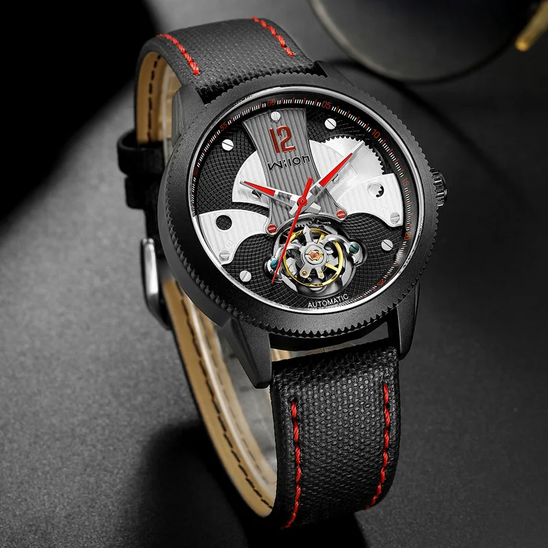 Duté tourbillon automatické mechanické pánské hodinky z pravé kůže popruh vodotěsný slitiny případ 3D dial Přesné muži hodiny wilon2086 5