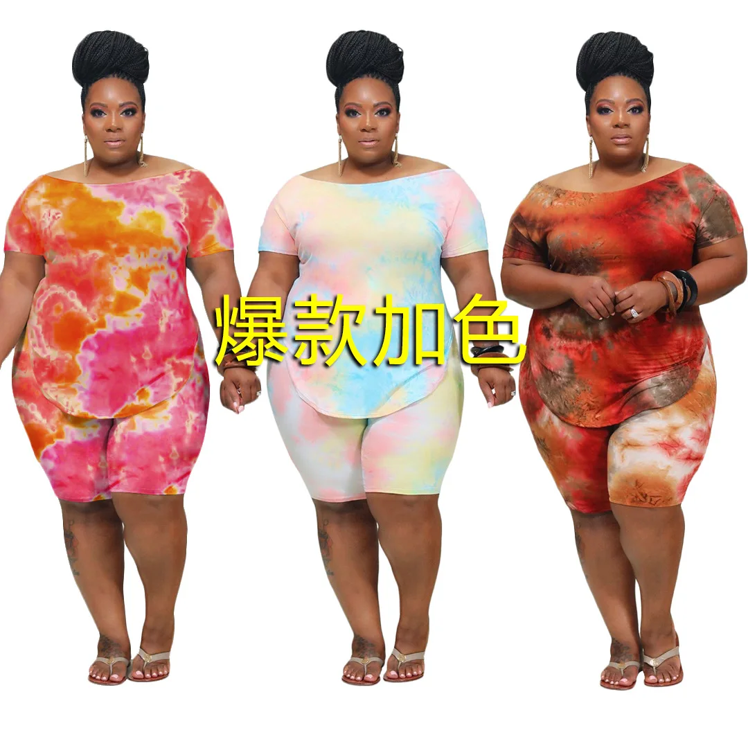 Dva Kus Plus Velikost Tie Dye Top a Šortky Set pro Ženy Letní 2020 Ovesized Oblečení 3xl 4xl 5xl Plus Oblečení Odpovídající soubor 0